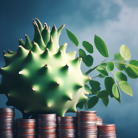 Coins stack and green plant on blue sky background. Investment and saving concept.の素材