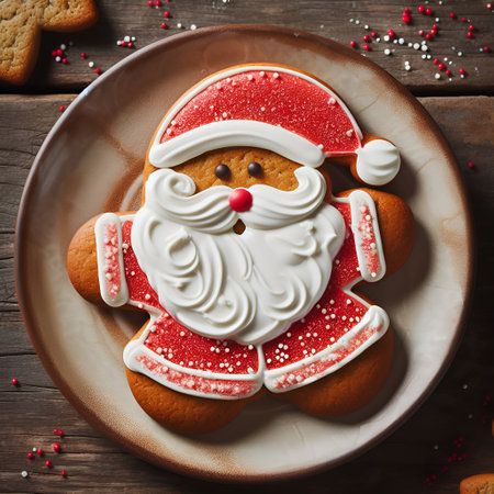Christmas gingerbread cookies in the form of Santa Claus on wooden backgroundの素材
