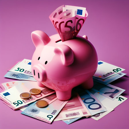 Piggy bank with euro banknotes and coins on pink backgroundの素材