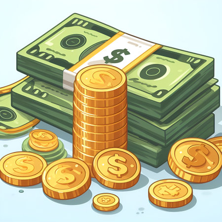 Illustration of stacks of dollars and coins on a light blue backgroundの素材