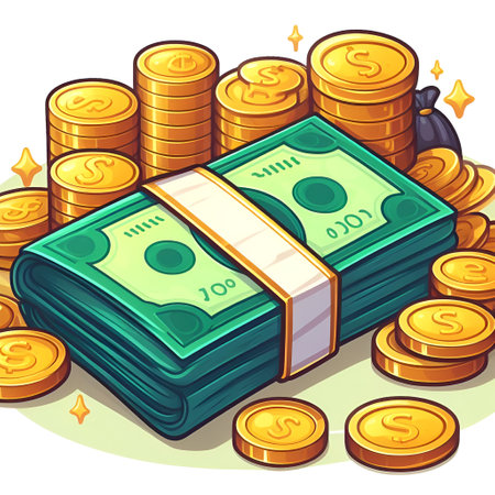 Vector illustration of a stack of dollar bills and coins in cartoon styleの素材