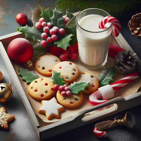 Christmas cookies and glass of milk on wooden tray with christmas decorationの素材