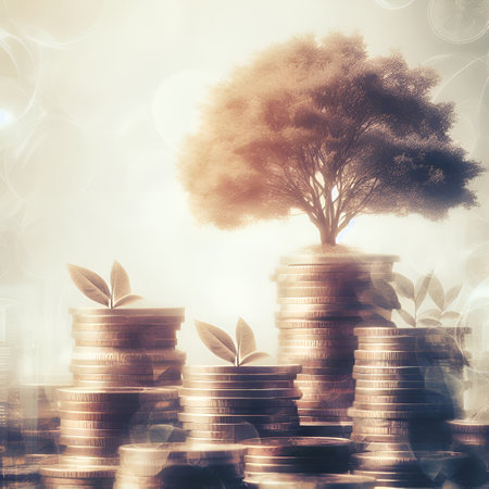 Double exposure of tree growing out of coins with bokeh background, business and financial concept idea.の素材
