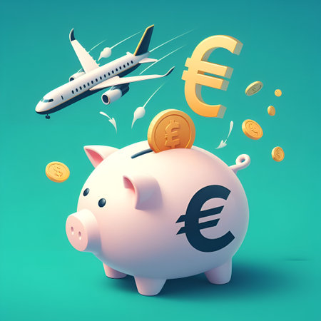 Piggy bank with euro sign and flying plane on green backgroundの素材
