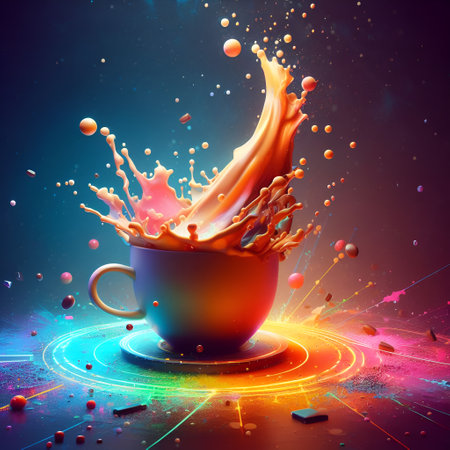 Cup of coffee with colorful splash on dark background. 3d renderingの素材