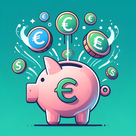 Piggy bank with coins and euro signs. Vector illustration.の素材