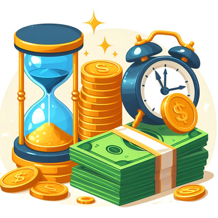 Time is money concept. Vector illustration of hourglass, coins and clock.の素材