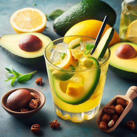 Refreshing summer cocktail with avocado, lime and ice on blue backgroundの素材