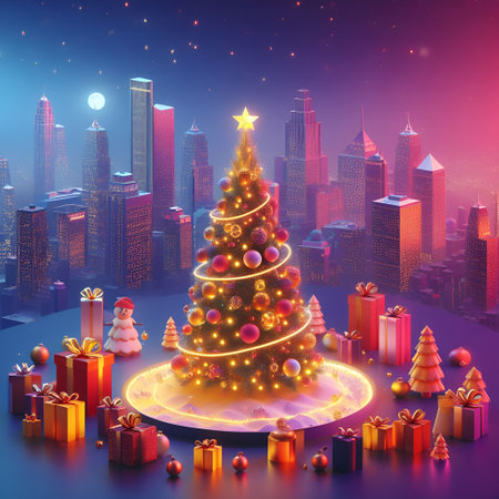 Christmas tree and gifts in the night city. 3D illustration.の素材