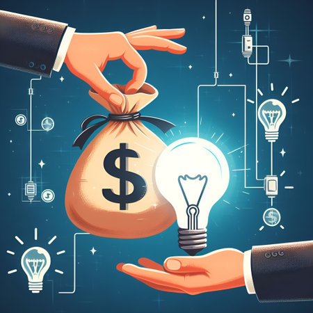Hand holding money bag with lightbulb and light bulbs over blue background. Business idea concept. 3D Renderingの素材
