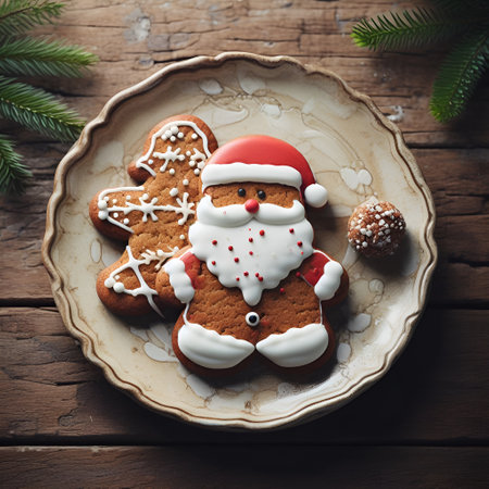 christmas gingerbread cookies and santa claus on wooden backgroundの素材