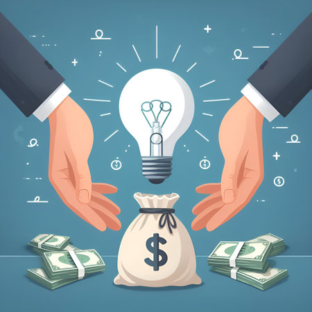 Businessman hands holding money bag with light bulb and dollar bills. Vector illustrationの素材