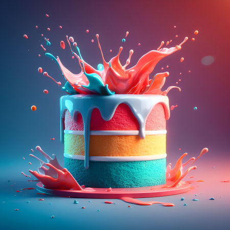3d render of colorful cake with splashes and drops of juiceの素材