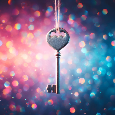 Key with heart shaped keychain on bright bokeh background.の素材