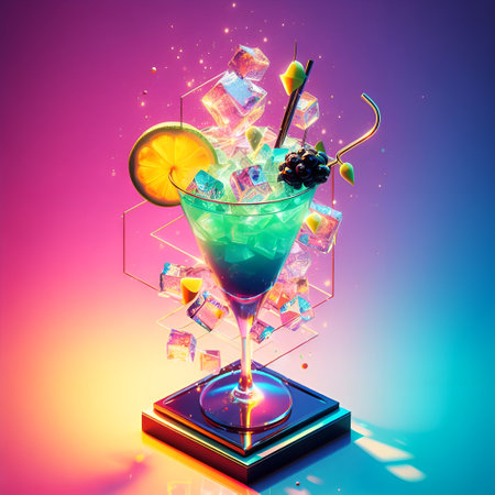 Cocktail with ice cubes and fruits. 3d illustration.の素材