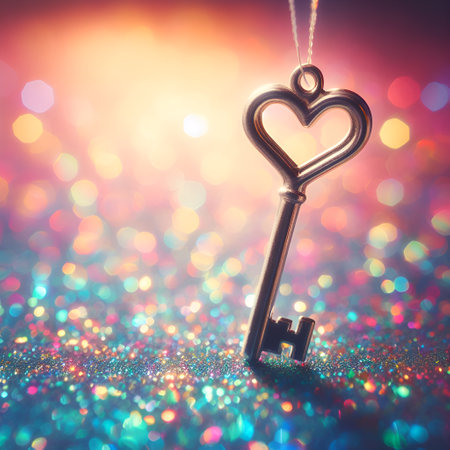 Key in the shape of a heart on a colorful background with bokehの素材