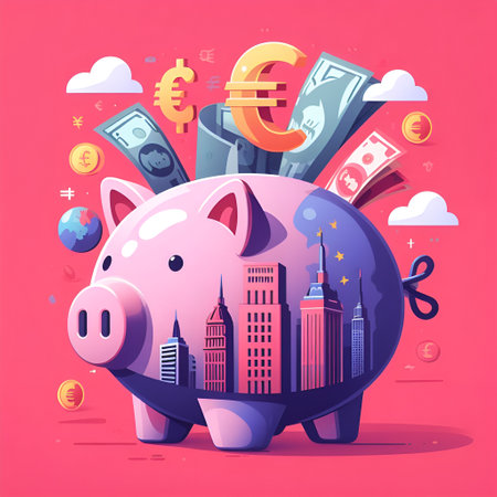 Piggy bank with money. Vector illustration in flat style.の素材