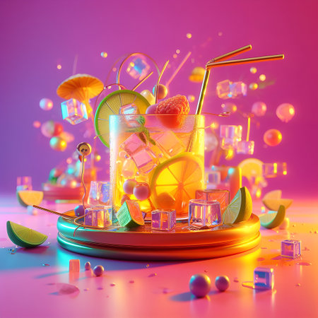 Cocktail with ice cubes and fruits. 3d illustration.の素材