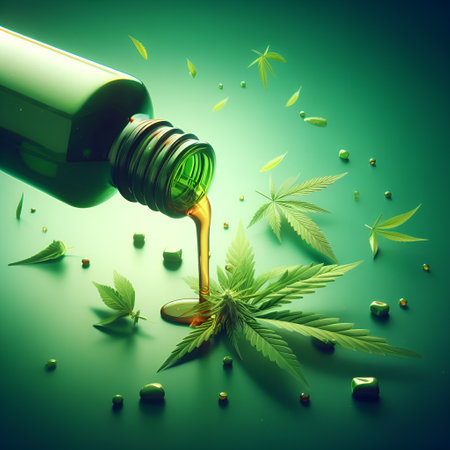 Cannabis oil in bottle with marijuana leaves and seeds on green backgroundの素材
