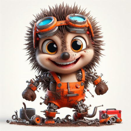 Cute little hedgehog with glasses and helmet. 3D rendering.の素材