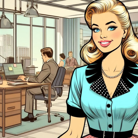 Beautiful businesswoman in the office. Vector illustration in retro style.の素材