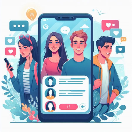Group of young people using social media app. Vector illustration in flat styleの素材