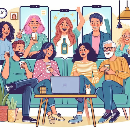 Happy people sitting in the cafe and drinking coffee. Vector illustration.の素材