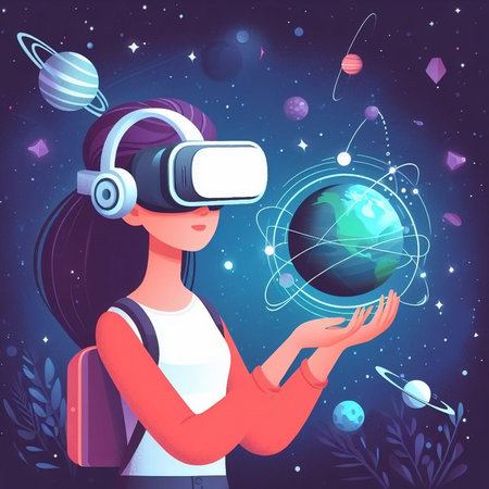 Girl in virtual reality headset with planet in her hands, vector illustrationの素材