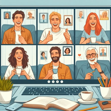 Group of smiling people in video conference. Vector illustration in cartoon styleの素材