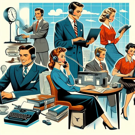Vector illustration of a call center. Business people working in the office.の素材