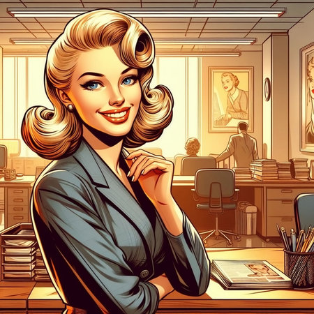 Beautiful business woman in the office. Retro style. Vector illustration.の素材