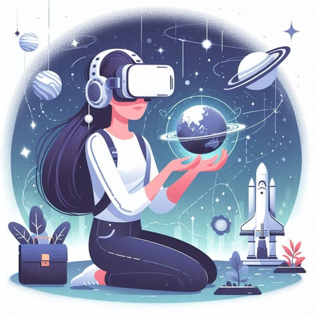 Girl in virtual reality glasses with a globe and rocket. Vector illustration.の素材