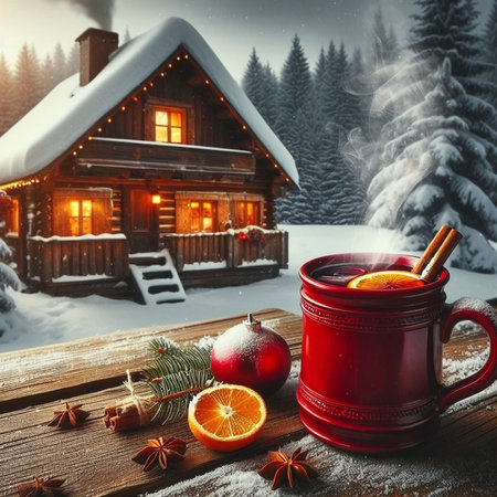 Mulled wine with spices on the background of a wooden house in the mountains.の素材