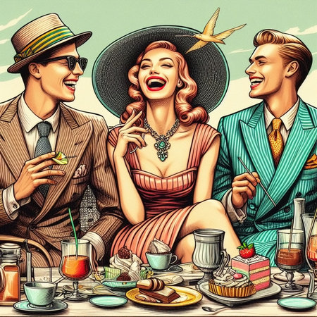 Retro party invitation with two young people. Vintage style. Pop art.の素材