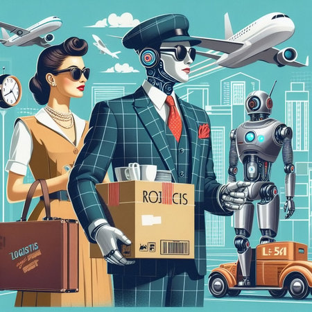 Vector illustration of a young woman in a business suit with a cardboard box and a robot.の素材