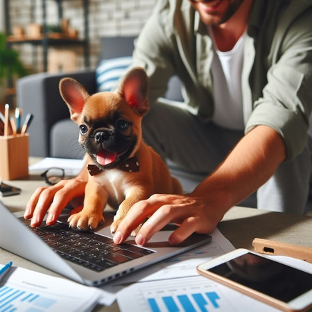 cropped shot of businessman working with laptop and french bulldog at homeの素材