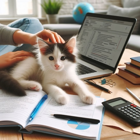 Cute little kitten lying on the table with laptop, calculator and notebook.の素材