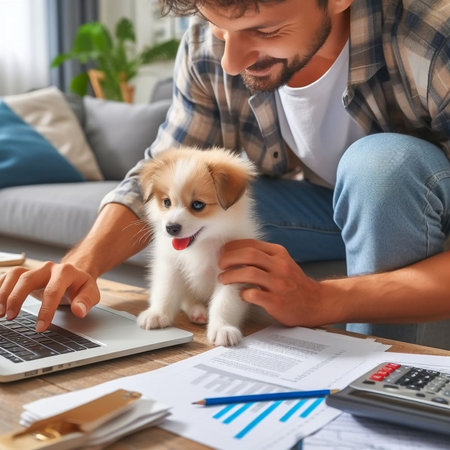 cropped shot of man working with laptop and cute puppy at homeの素材