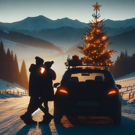 Man and woman standing near car with Christmas tree in the mountains.の素材