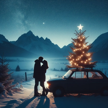 Couple hugging near the car with a Christmas tree in the mountainsの素材