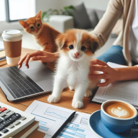 Cute kitten and woman working on laptop at office, closeupの素材
