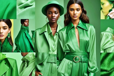 collage of three beautiful african american women in green clothesの素材