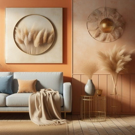 Modern living room interior with beige sofa, round mirror and golden pampas grass. Mock up, 3D Renderingの素材