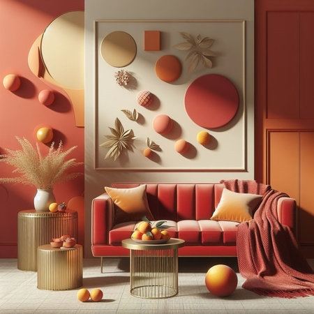 Interior of modern living room with red sofa, orange walls, 3d renderの素材