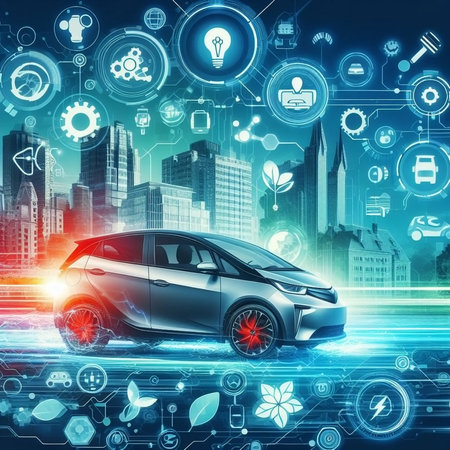 Conceptual image of smart city with electric car and glowing iconsの素材