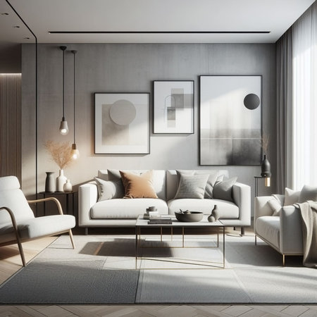 Interior of modern living room with gray walls, wooden floor, white sofa standing near coffee table and two posters. 3d renderingの素材