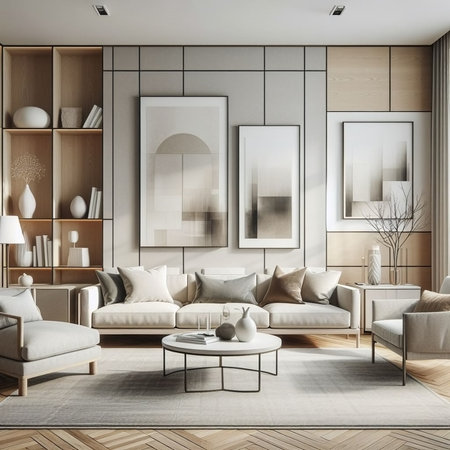 Modern living room interior with beige walls, wooden floor, beige sofa, coffee table and bookshelves. 3d renderingの素材