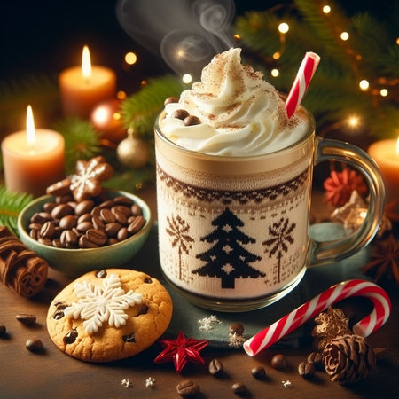 Hot chocolate with whipped cream and christmas decoration on wooden background.の素材