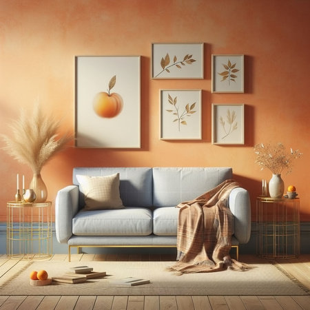 Interior of living room with blue sofa, orange wall and three poster. 3d renderの素材