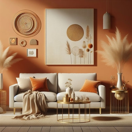 Interior of modern living room with orange walls, beige sofa and round coffee table. 3d renderの素材